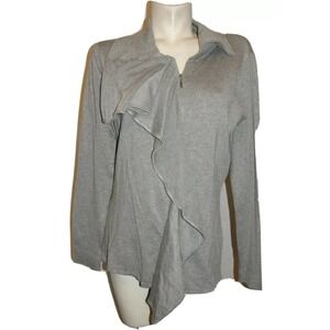Coletane Womens Heather Grey Ruffle Front Zip Up Knit Cardigan Sweater Size L